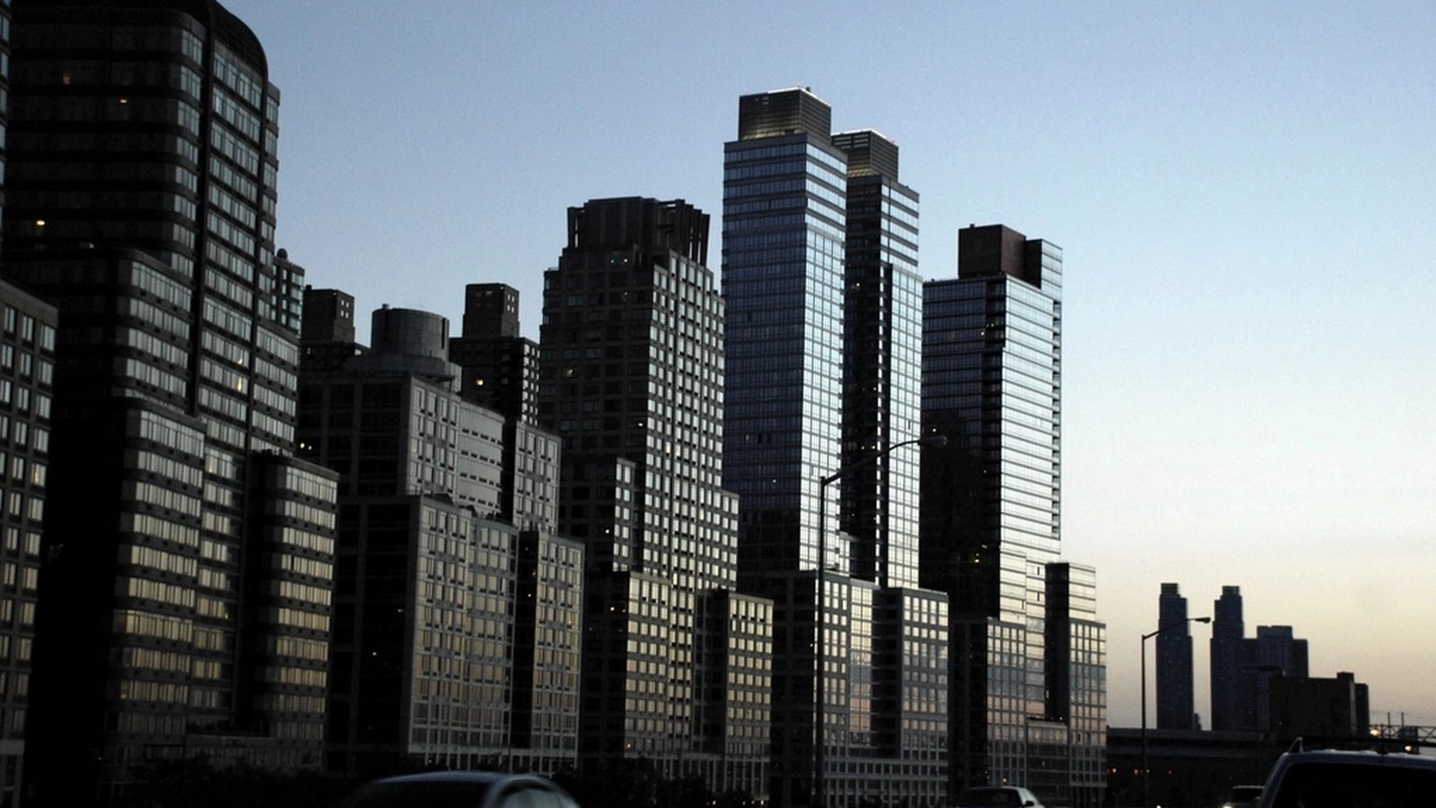 A city business district at dusk